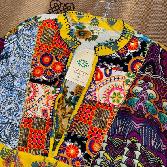 Anandas Collection NWT! Yellow/Multi Patchwork Boho Chic Shift Dress Top Coverup - Picture 9 of 17